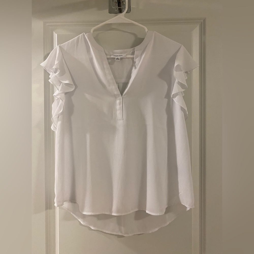 Calvin Klein White Ruffle Sleeve Blouse
